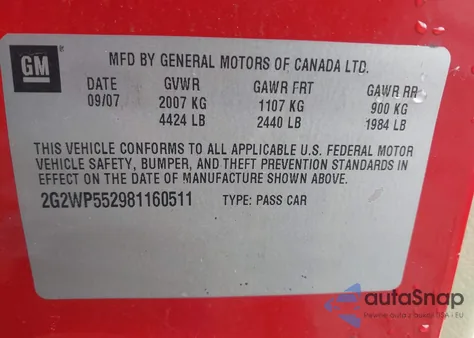 2008 Pontiac Grand Prix из США, поврежденный, VIN 2G2WP552981160511